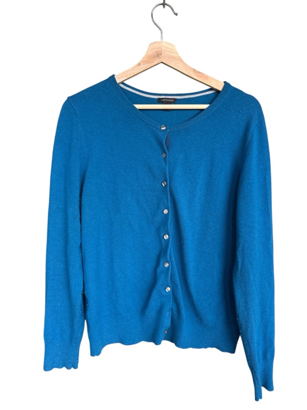 Ann Taylor Teal Blue Crewneck Button Cardigan